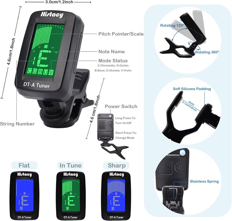 Histacy All Black Guitar Accessories Kit: Clip-On Tuner, 3-in-1 Capo, 30 Picks & Storage for Acoustic, Electric Guitar, Bass & Ukulele, All-in-One Perfect Guitar Gift Set for Men & Beginners & Pros - Image 2